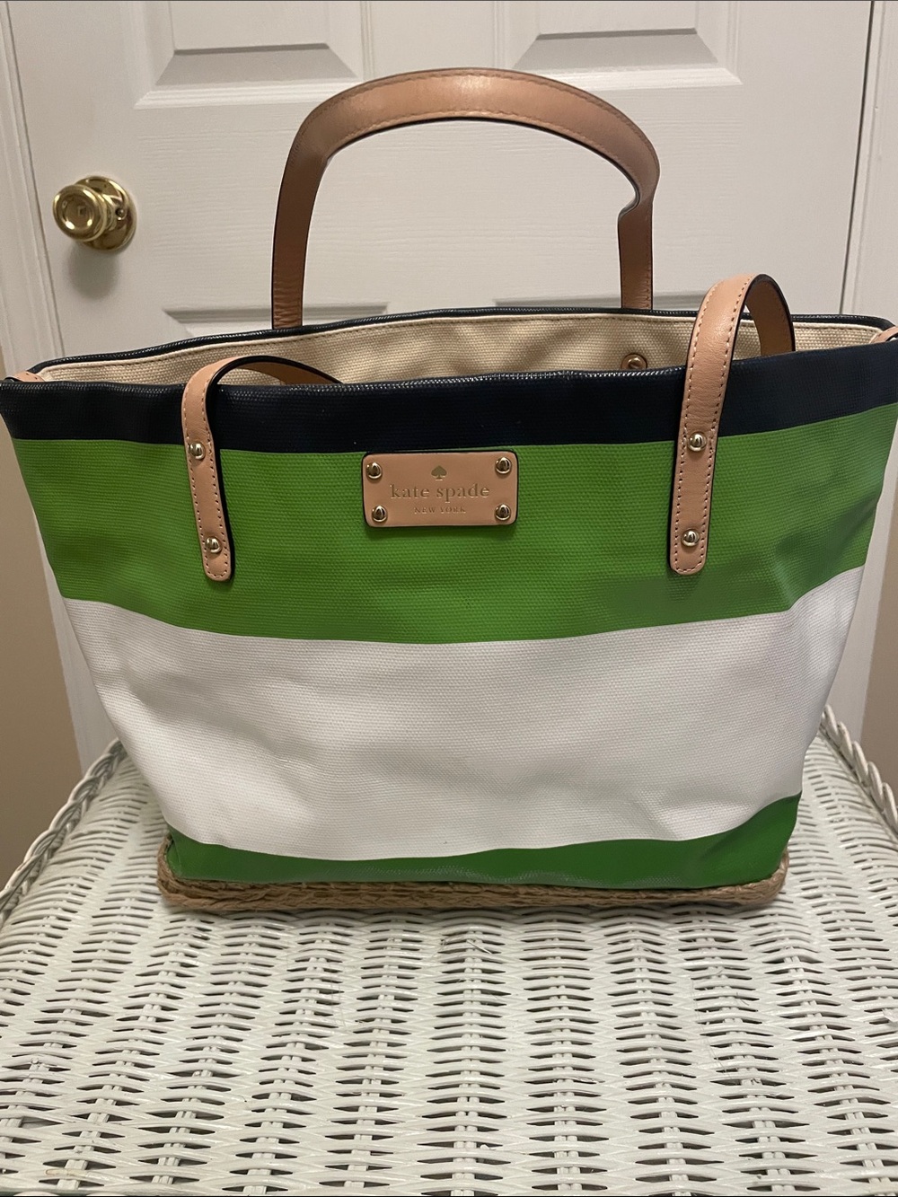 kate spade Green, White & Navy Striped Canvas Tote with Tan Leather Handles